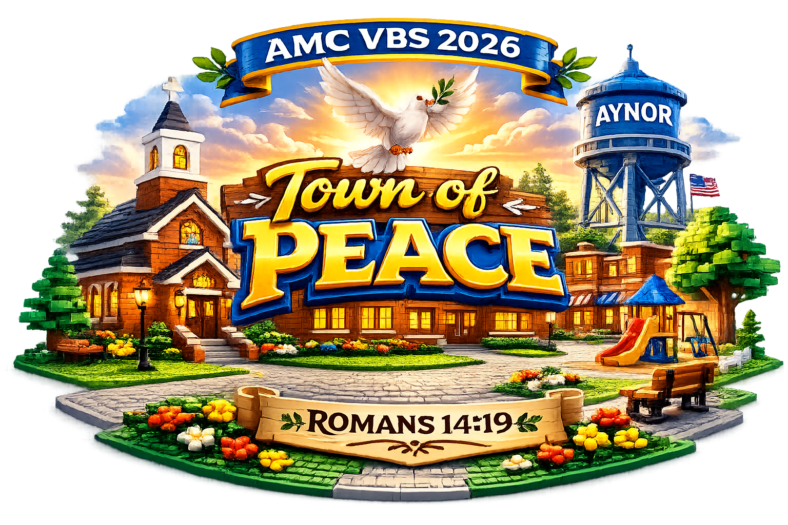 AMC VBS 2026 – Town of Peace logo featuring a LEGO-style church, school, water tower and park